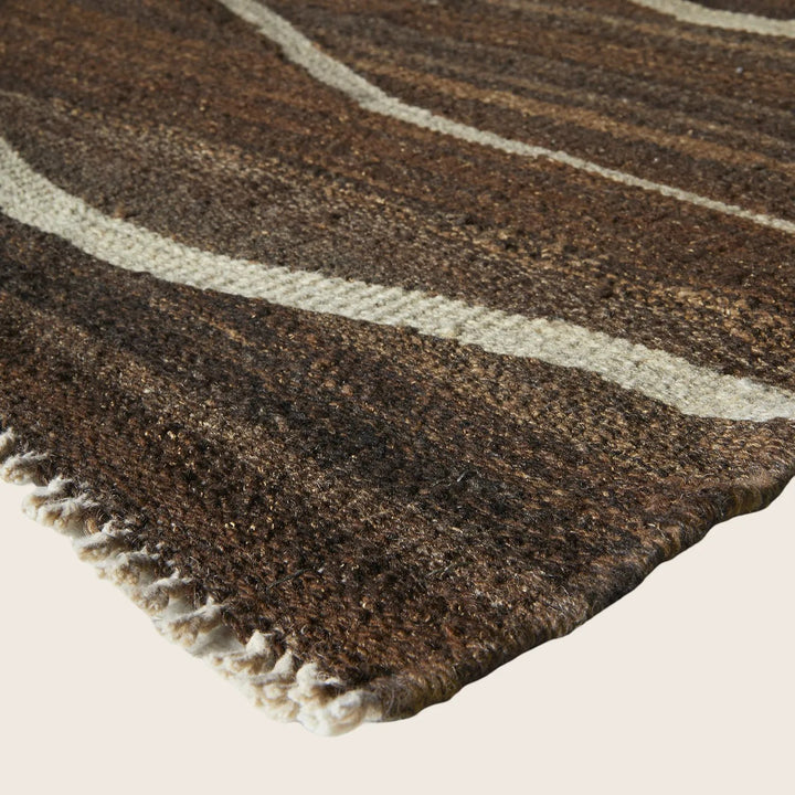 Close-up of a plush, striped rug with frayed edges.