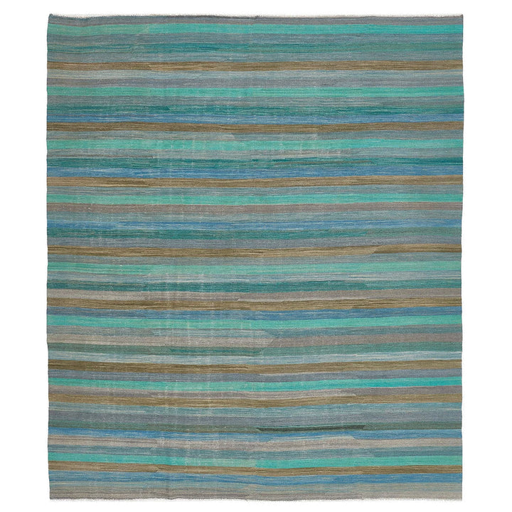 Rectangular textile with horizontal stripes in cool earthy tones.