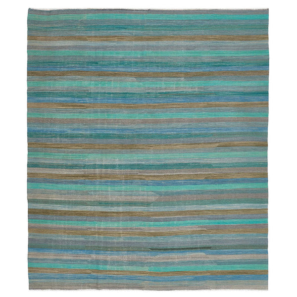 Rectangular textile with horizontal stripes in cool earthy tones.