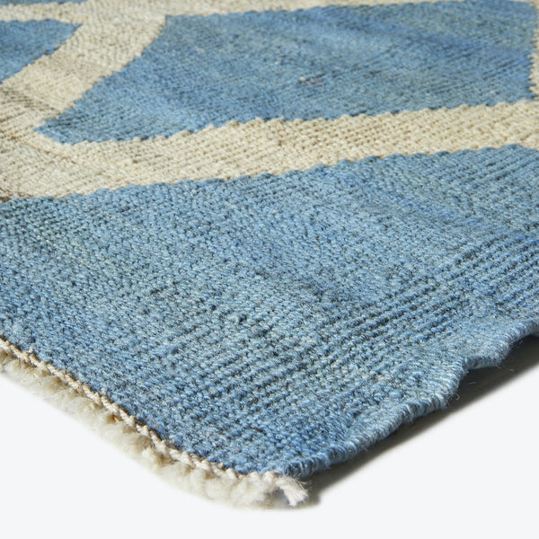 Close-up of a geometric patterned rug in shades of blue.