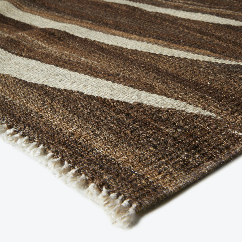Close-up of a textured, thick-woven rug with horizontal stripes.