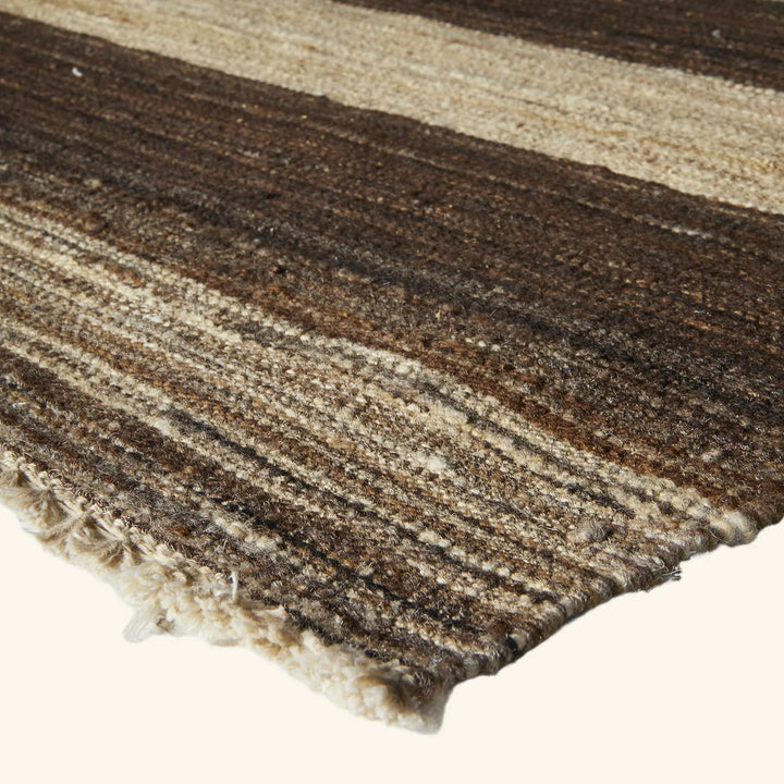 Close-up of a woven fabric with horizontal stripes in brown.
