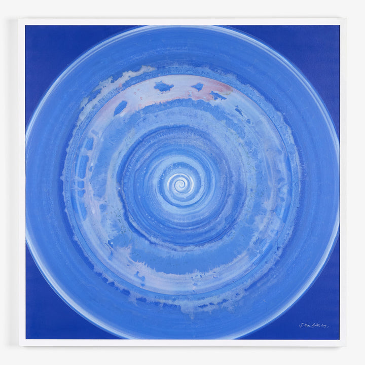 Abstract blue spiral painting with textured strokes and signature.