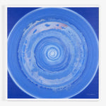 Abstract blue spiral painting with textured strokes and signature.