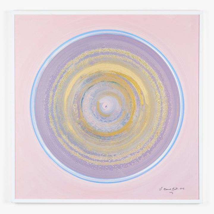 Abstract painting with spiral motif and vibrant color gradient on canvas.