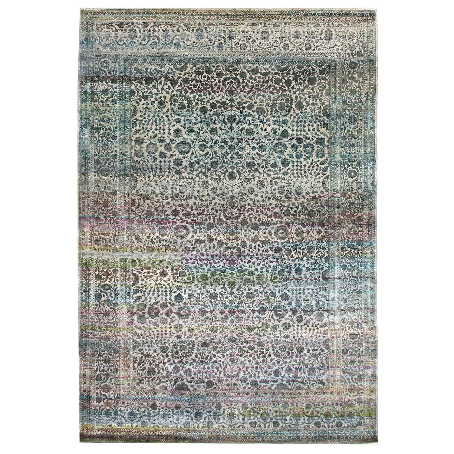 Intricate and vintage-looking area rug with diverse color palette.