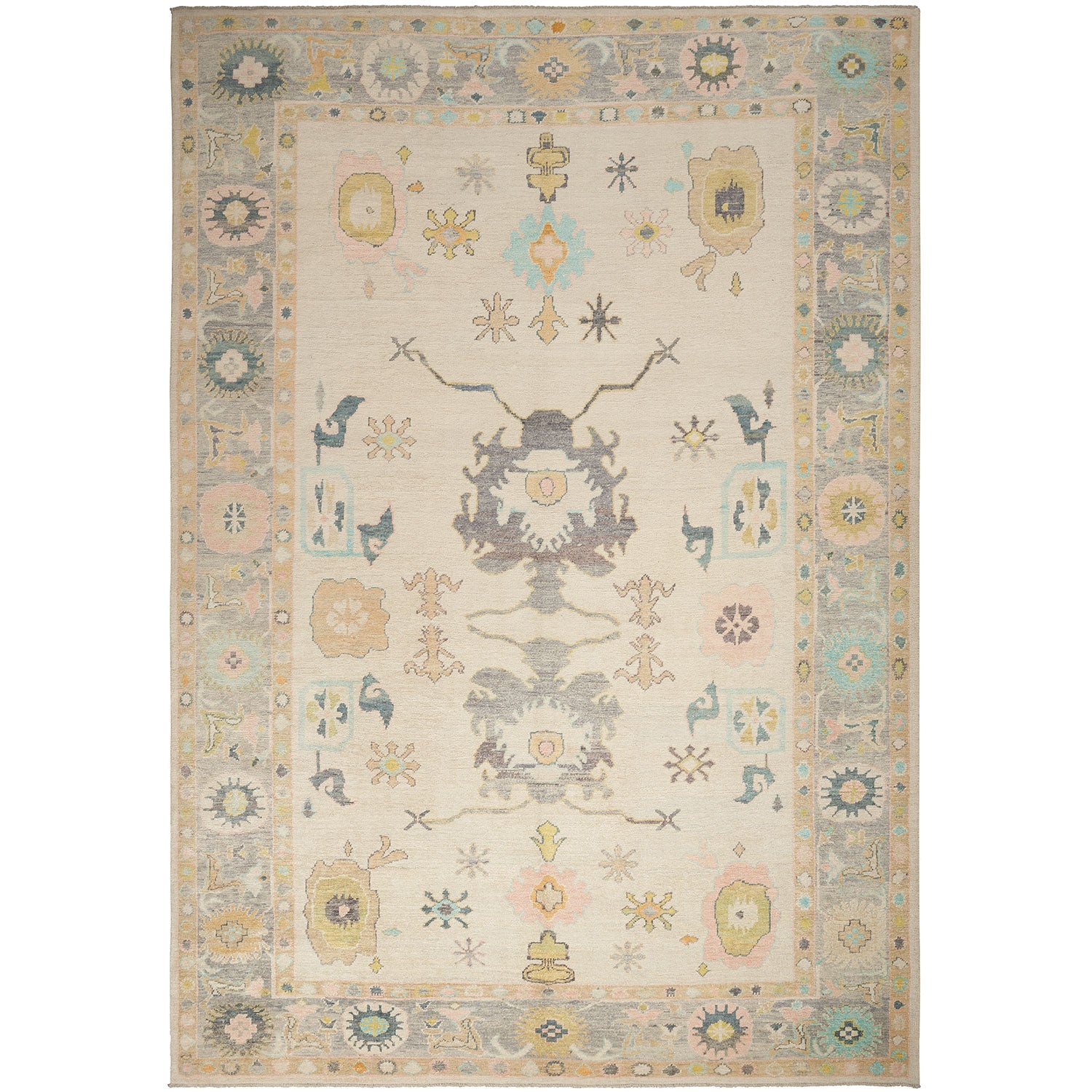 Vintage Persian-style rug with symmetrical floral motifs and muted colors.