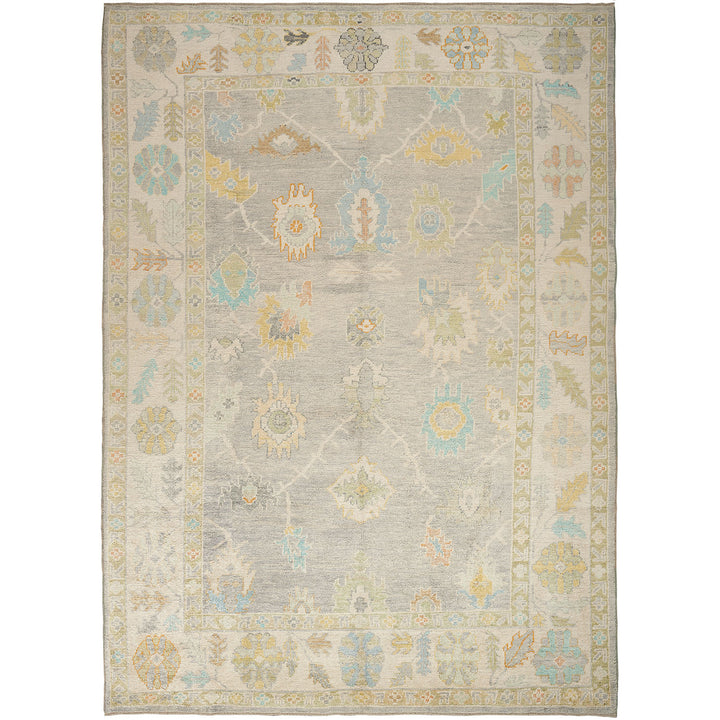 Rectangular rug with vintage-inspired pattern in various colors and motifs.