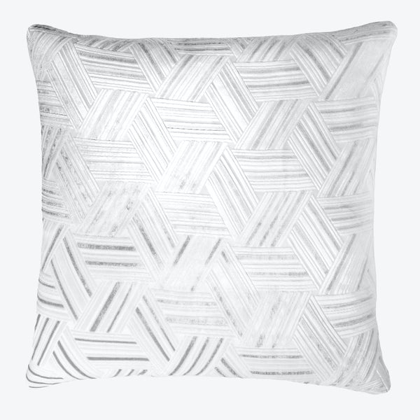 Square pillow with herringbone pattern in monochromatic shades of white and light gray, adding elegance and texture to any space.