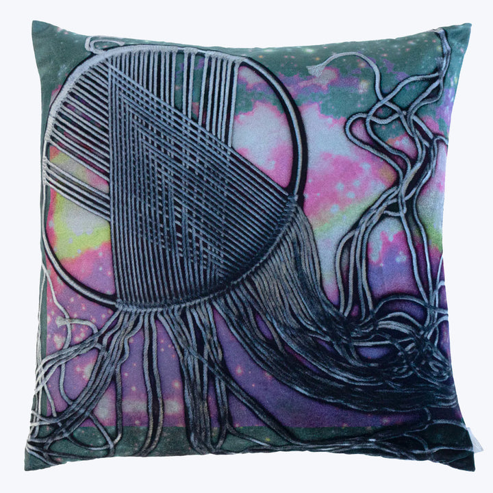 Abstract celestial-themed square pillow with unique string art design.