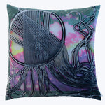 Abstract celestial-themed square pillow with unique string art design.