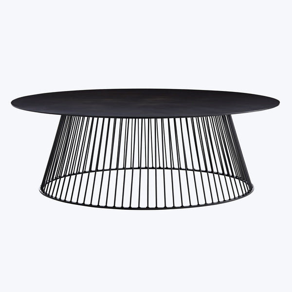 Contemporary coffee table with sleek black tabletop and metal base.