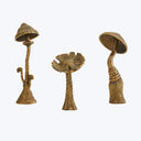 Three bronze mushroom sculptures with intricate textured stems and caps.