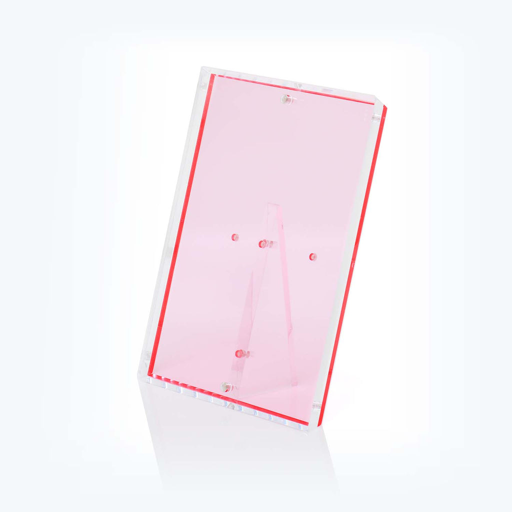 Red-tinted acrylic sign holder with reinforced edges and sleek design