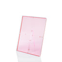 Modern pink acrylic lectern with sleek design for public speaking.