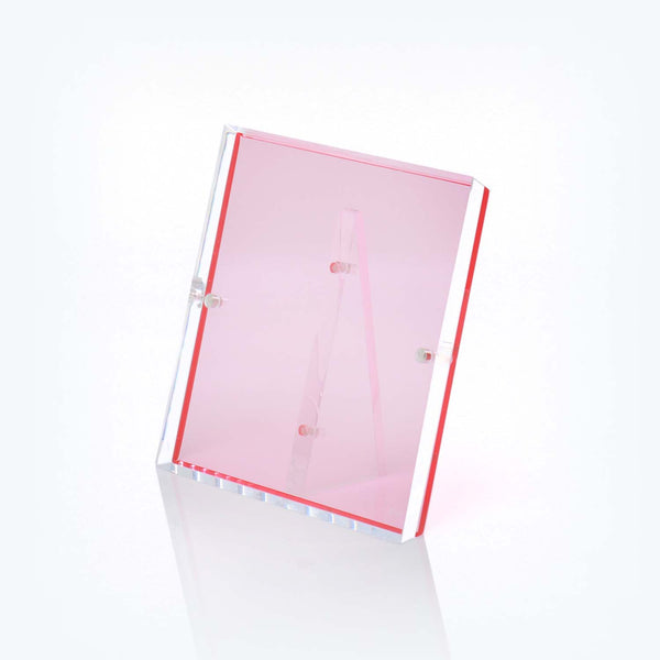 Transparent pink acrylic box with hinged lid for storage/display.