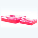 Two transparent pink acrylic boxes with circular depressions on top.