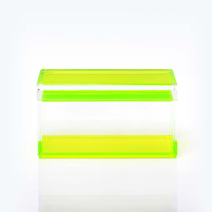 Clear acrylic display case with vibrant green borders, minimalist design.