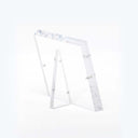 Modern transparent acrylic stand with minimalist design on white background.