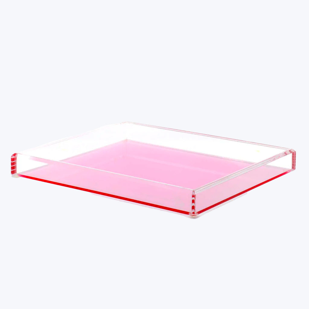 Translucent pink acrylic tray with reddish-pink borders for organizing documents.