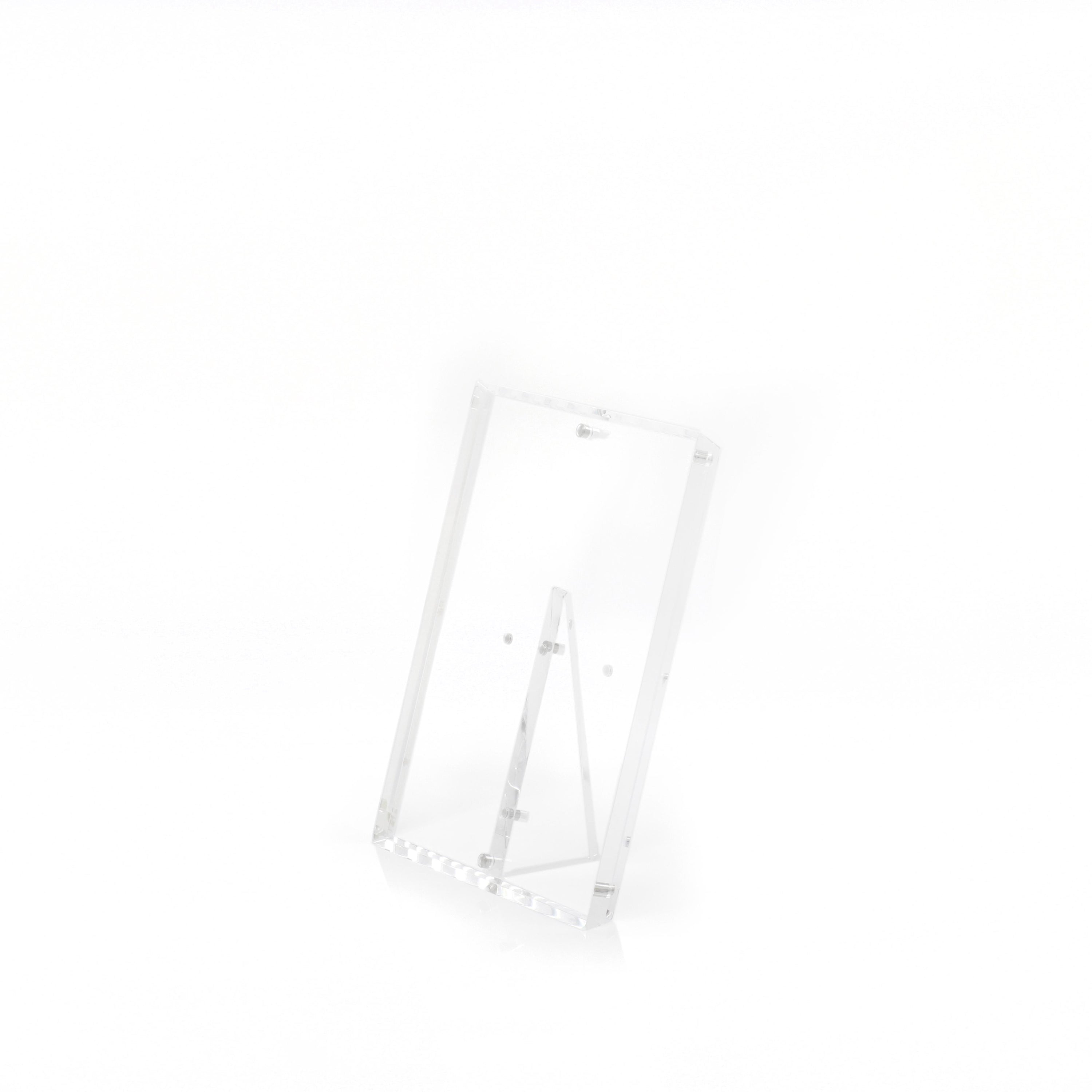 Clear acrylic stand with slanted back leg for optimal visibility.