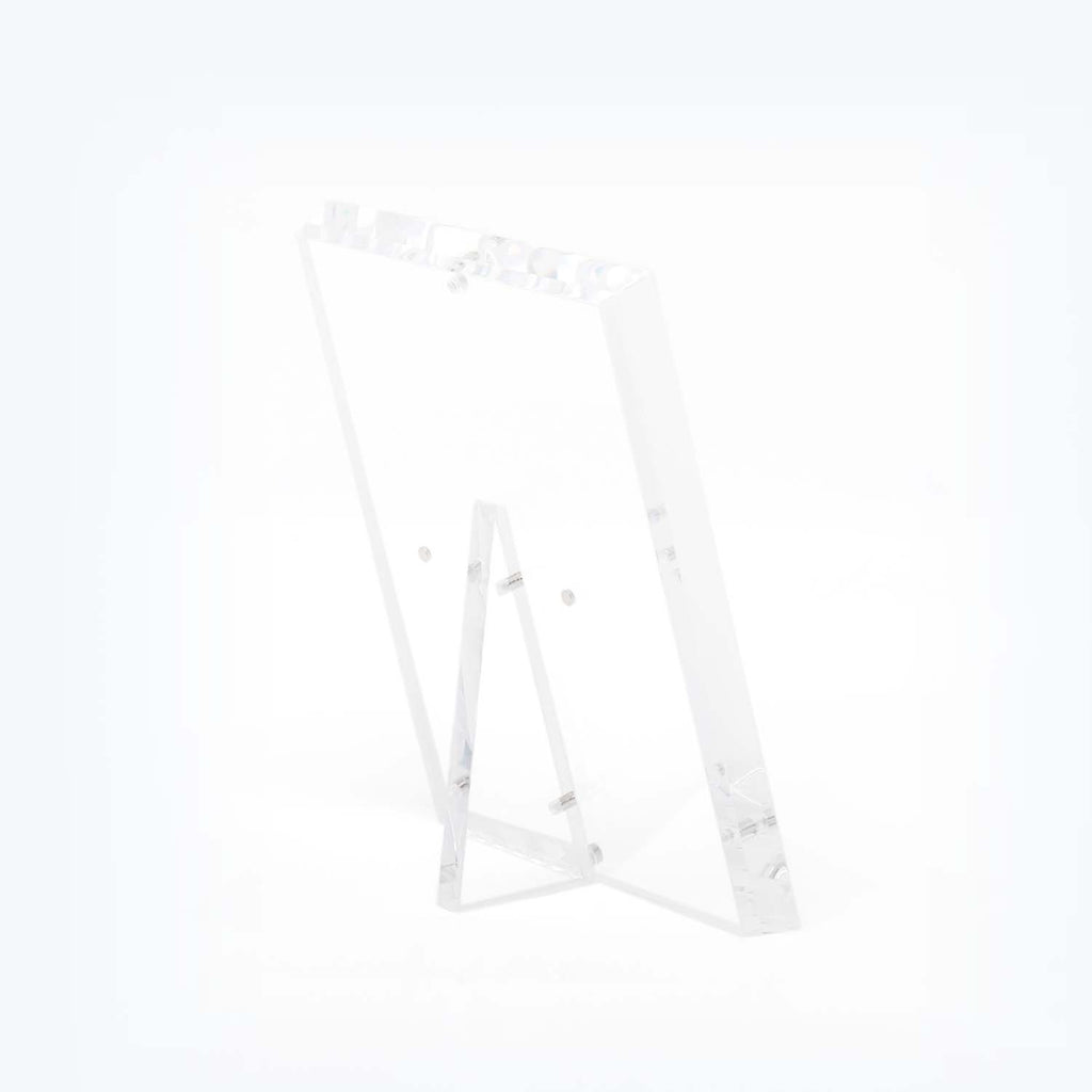 Clear acrylic A-frame stand for menus, signs, or info cards.