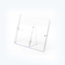 Minimalist clear acrylic stand showcases items with elegance and versatility.