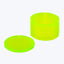 Stacked neon green plastic cups with flat lid on white background.