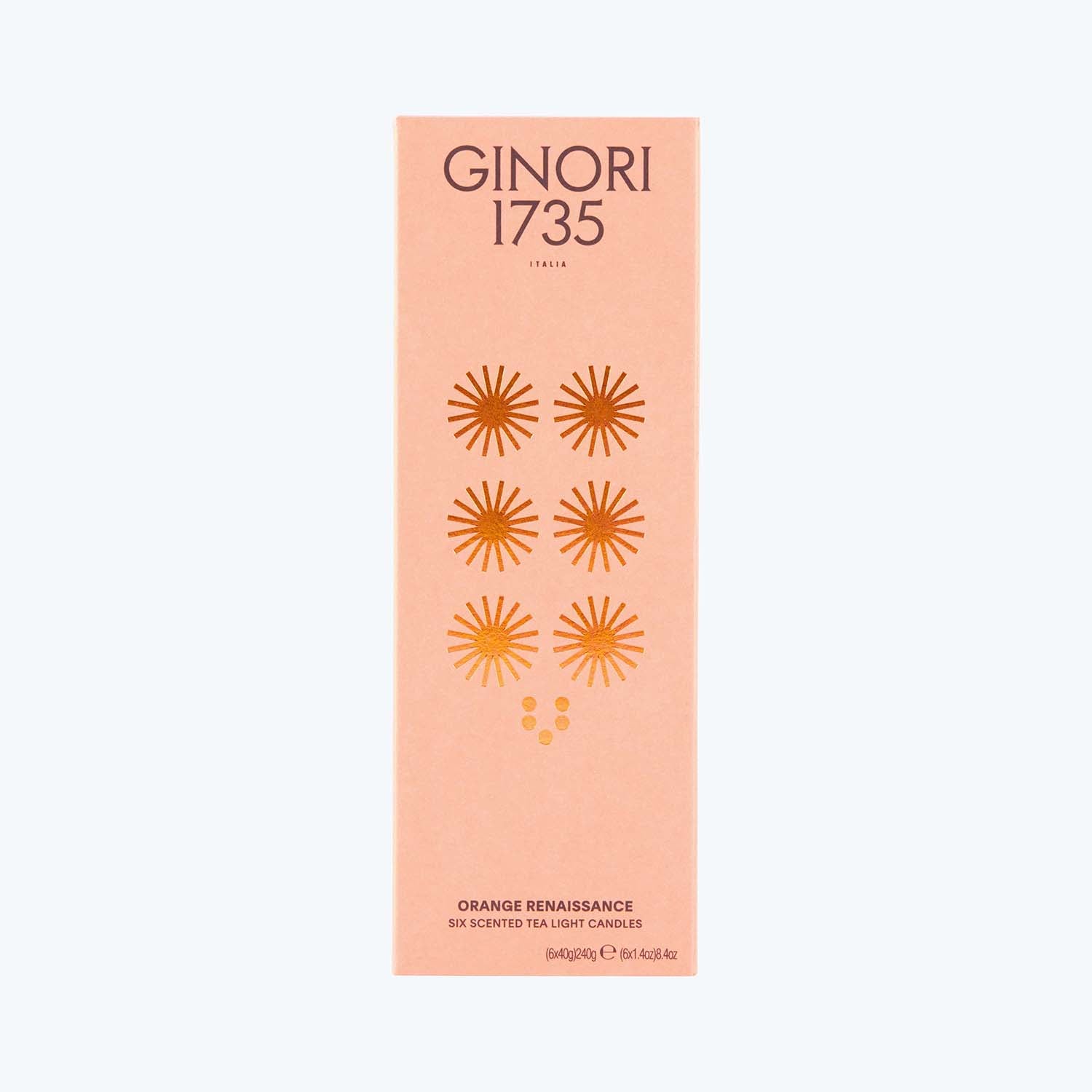 Elegant packaging from Ginori 1735 Italia featuring orange Renaissance tea lights