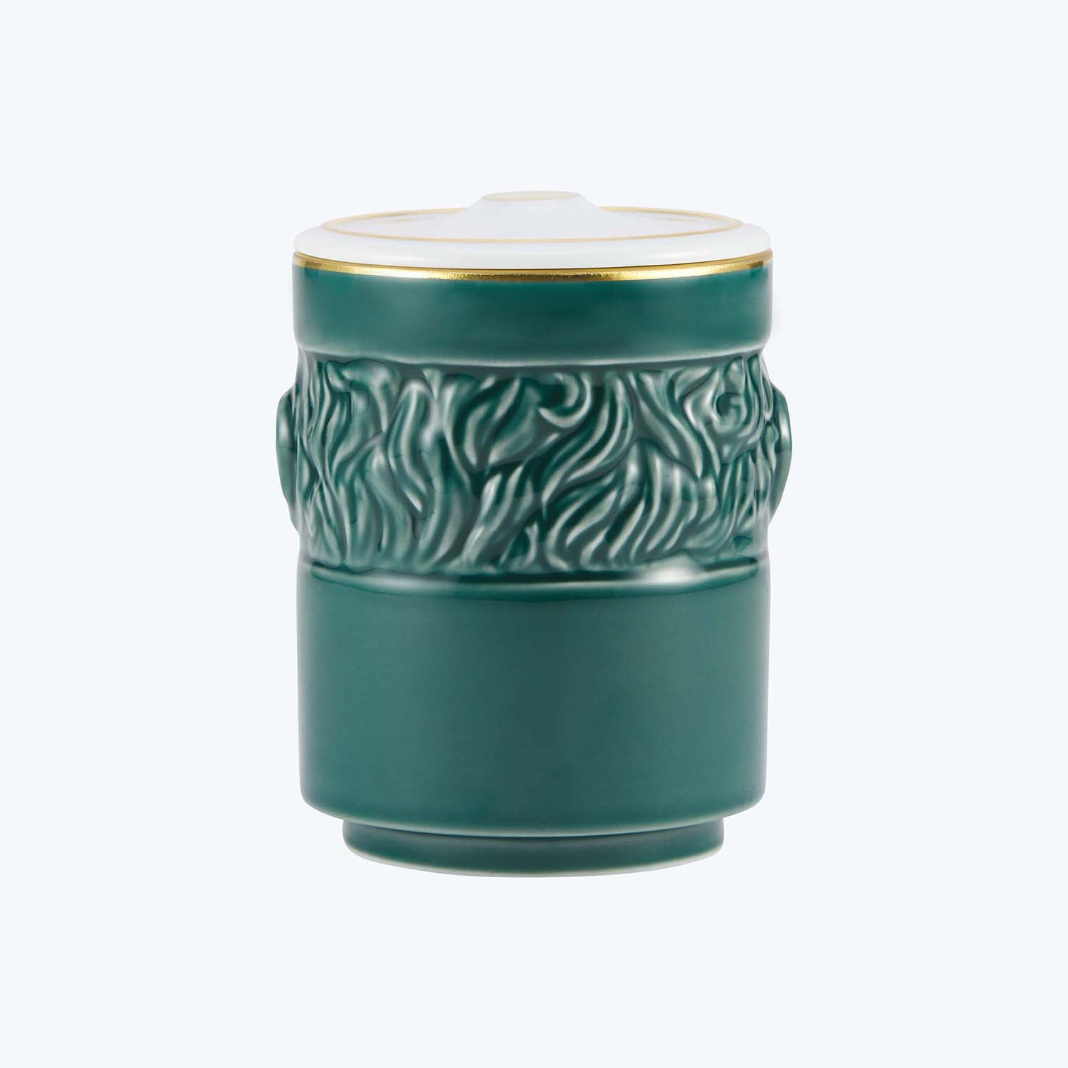 Elegant teal ceramic jar with textured pattern and gold accents.