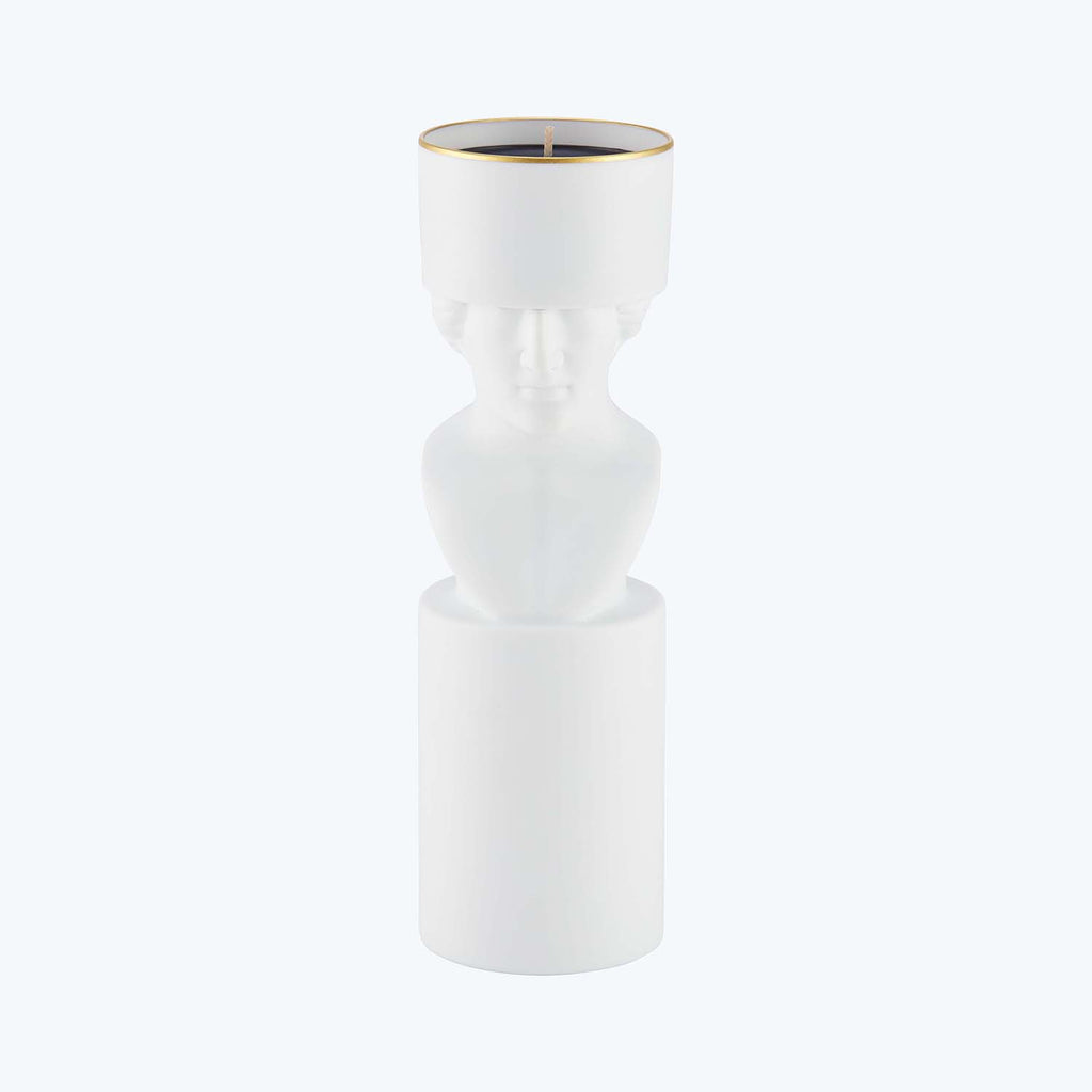 Sleek and modern white candle with classical bust design.