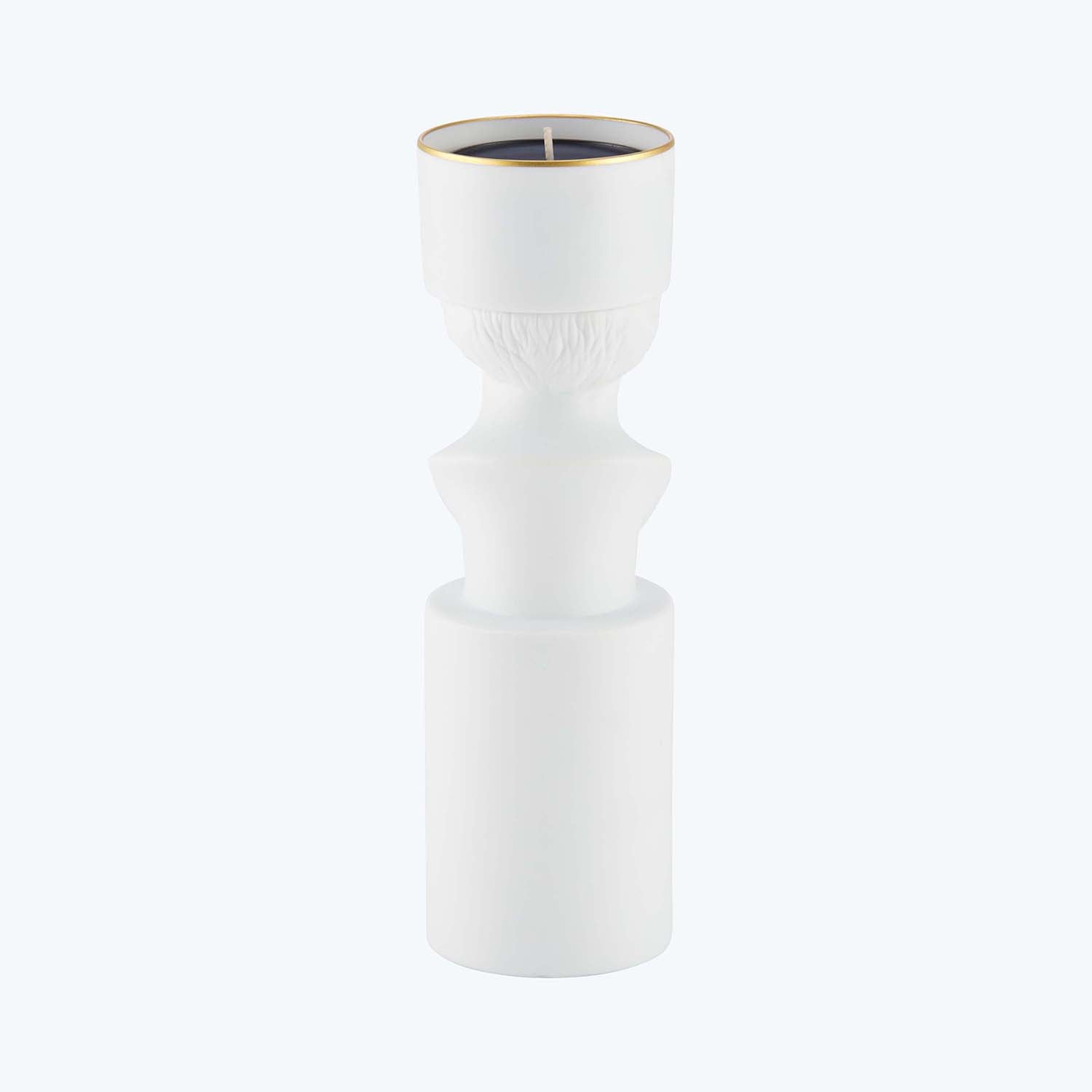 Minimalistic white candle with golden accents and sleek design