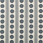 Symmetrical, geometric fabric with circular motifs and linear patterns.