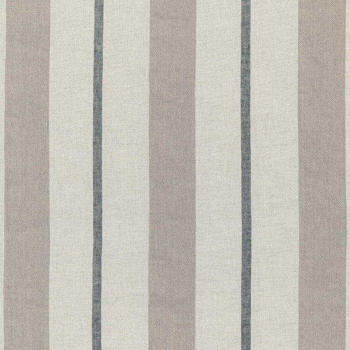 Vertical striped fabric in light and dark grey, with navy accents.