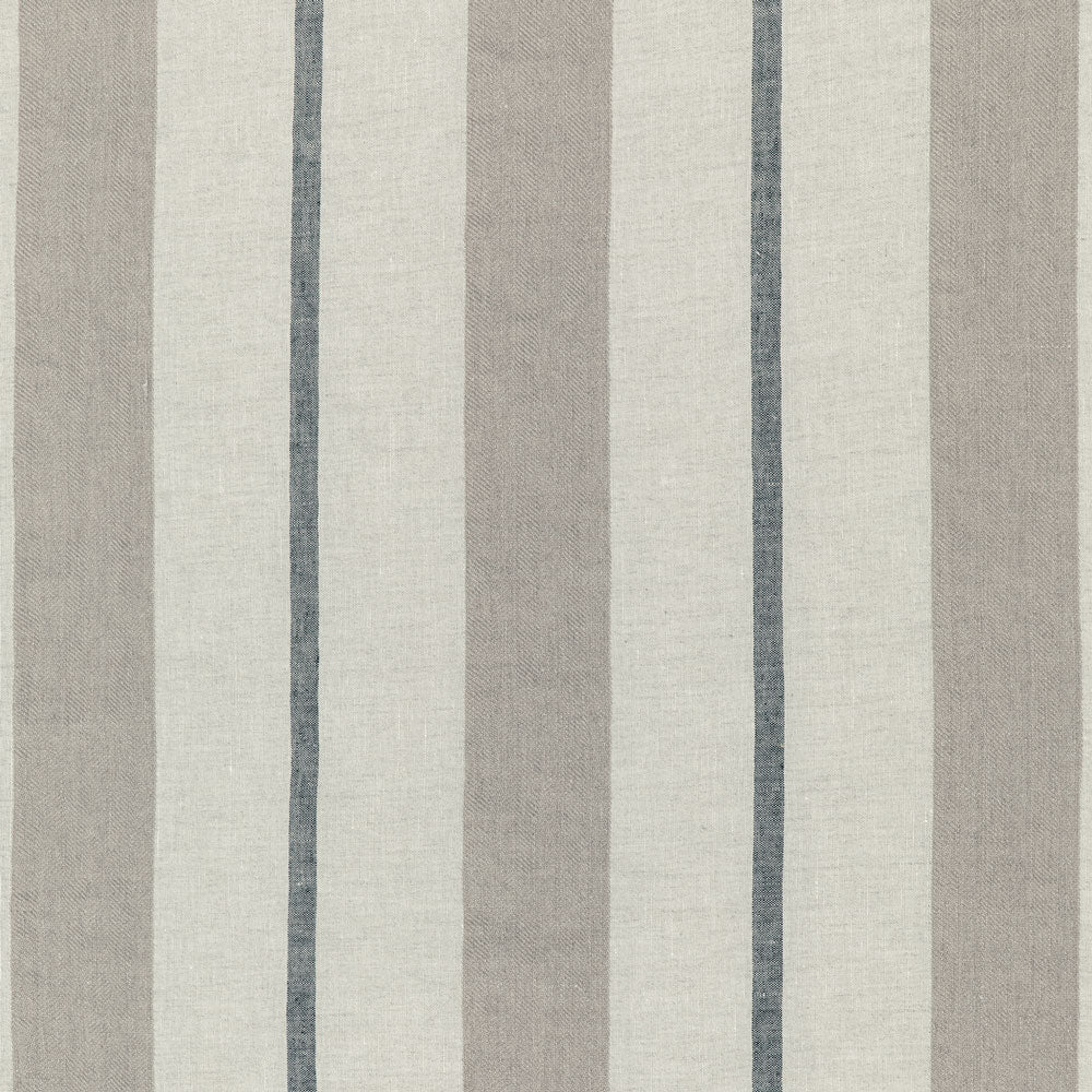 Vertical striped fabric in light and dark grey, with navy accents.