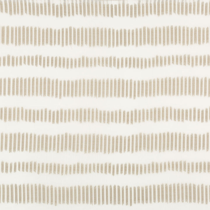 Close-up of off-white fabric with repeating beige vertical stripes.