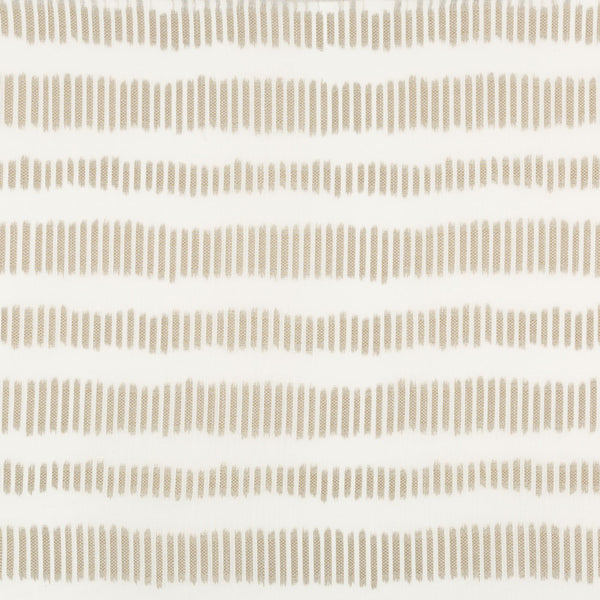 Close-up of off-white fabric with repeating beige vertical stripes.