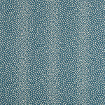 Close-up of teal fabric with white polka dots; textured woven material.