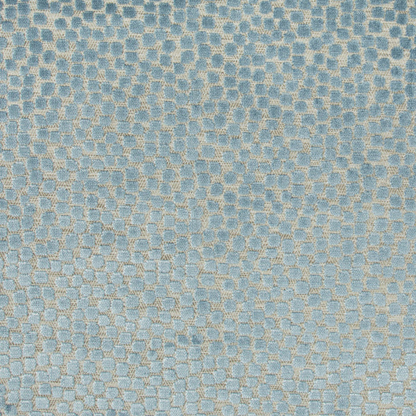 Textured fabric with interconnected dark blue geometric shapes on light blue background.
