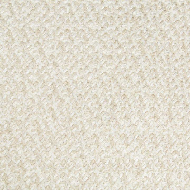 Close-up of woven fabric with textured basket weave pattern. Neutral color, varied thickness threads. Versatile material for upholstery, curtains, clothing.