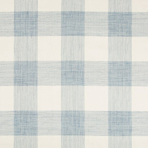 Close-up of soft blue and white plaid fabric with herringbone texture.