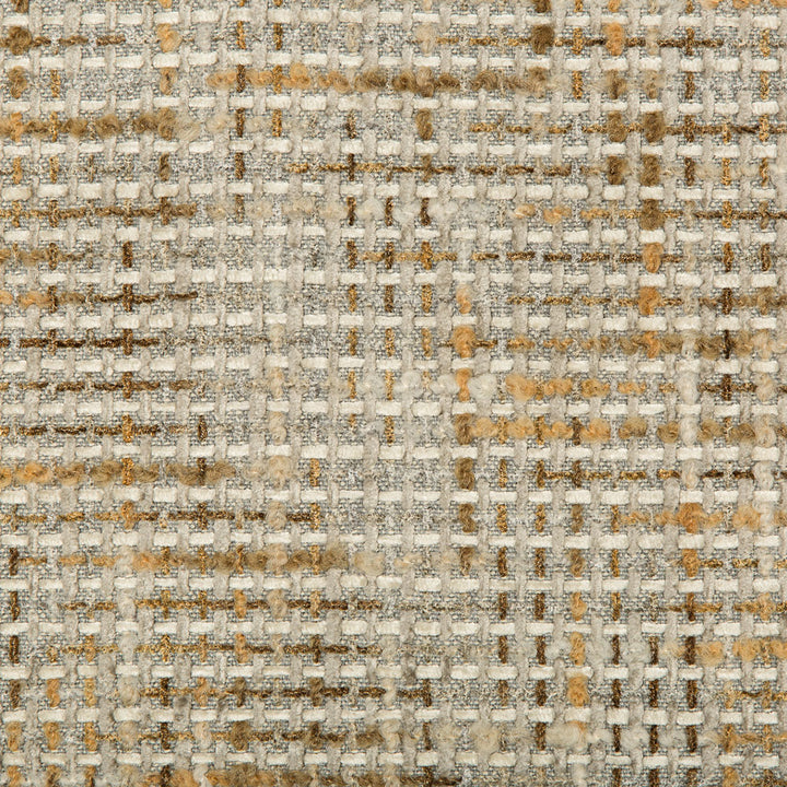 Close-up of neutral-toned, crosshatch woven fabric with visible threads.