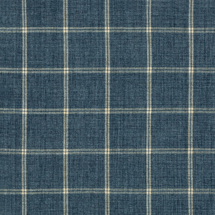 Patterned fabric with a navy plaid design, featuring intersecting lines.
