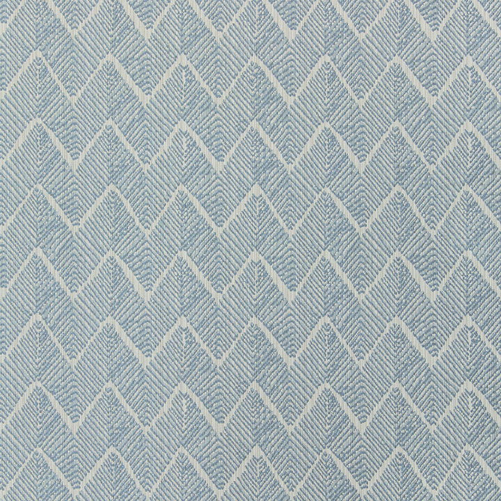 Close-up of a textured herringbone fabric in light blue and white.