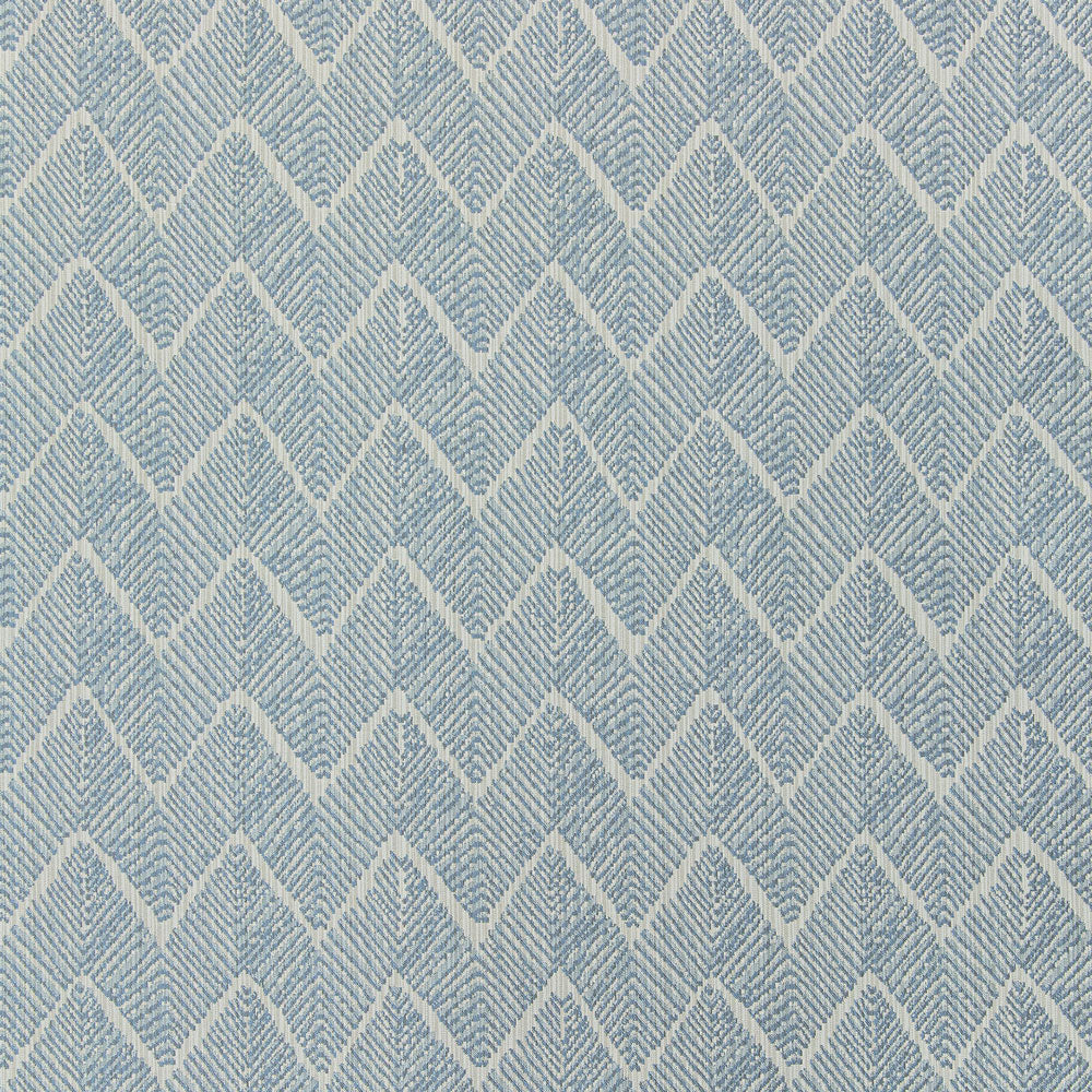 Close-up of a textured herringbone fabric in light blue and white.