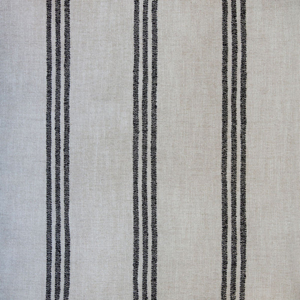 Neutral fabric with vertical black striped pattern, ideal for home decor.