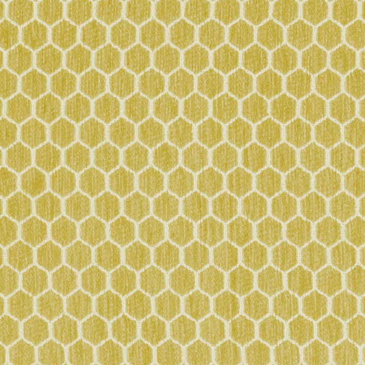 Honeycomb-inspired pattern featuring yellow and white hexagons creates textured surface.