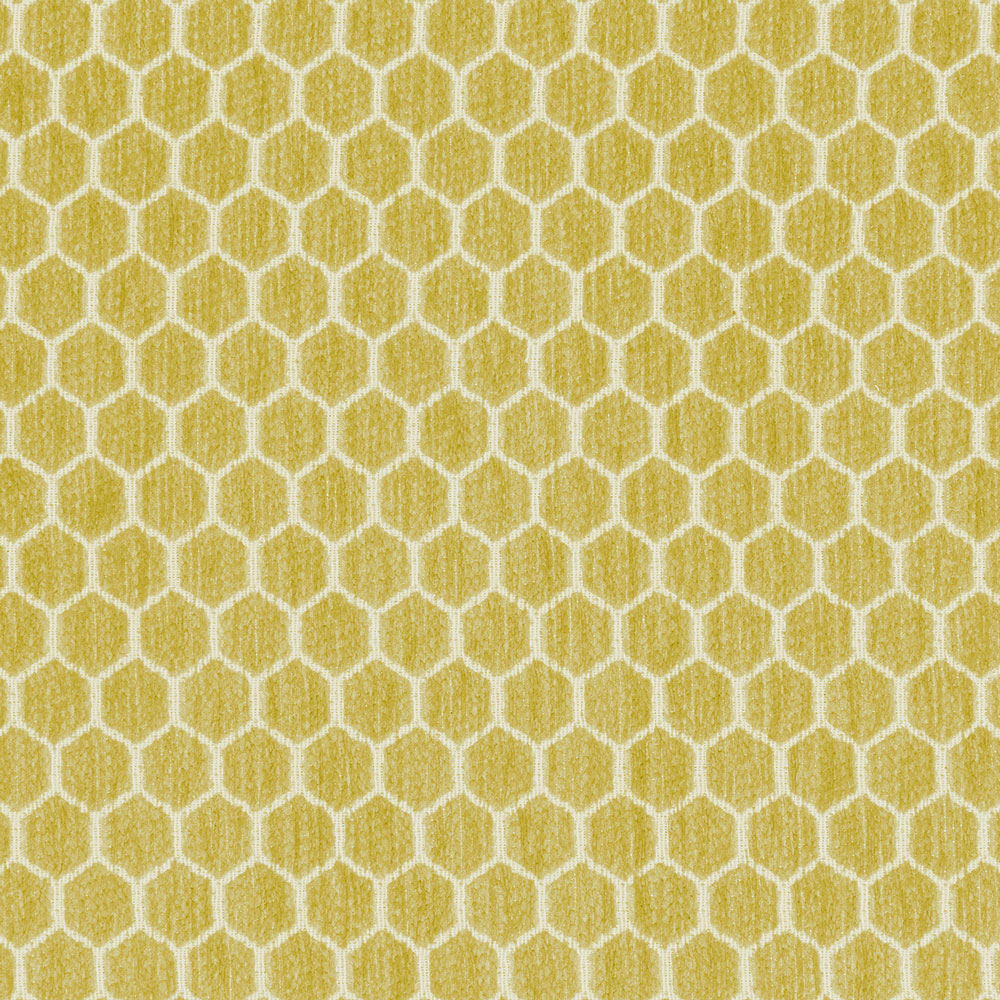 Honeycomb-inspired pattern featuring yellow and white hexagons creates textured surface.