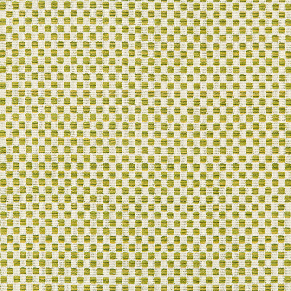 Structured and repeating patterned fabric with green circular shapes