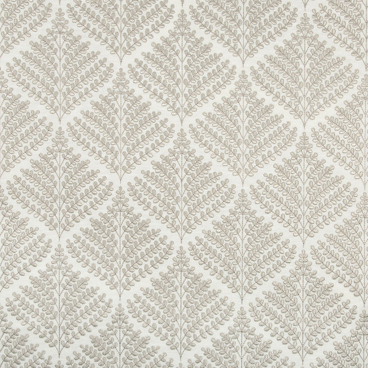 Symmetrical botanical fern frond pattern in calming gray on cream.
